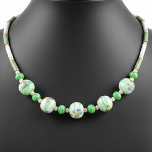 Vintage Wedding Cake Style Painted Art Glass Bead Necklace 16"